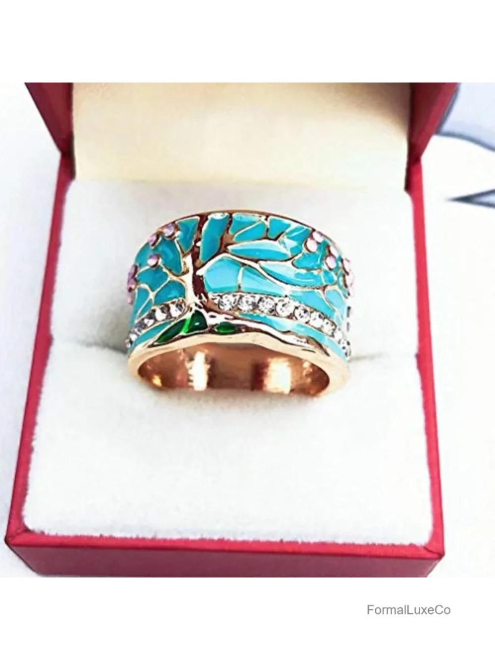 Tree of Life Ring with Pink Flower Opal Enamel Wide Band Vintage